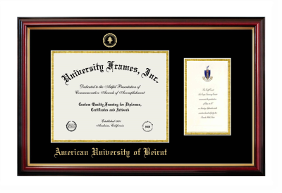 American University of Beirut Diploma with Announcement Frame in Petite Mahogany with Gold Trim with Black & Gold Mats for DOCUMENT: 8 1/2"H X 11"W  ,  7"H X 4"W  