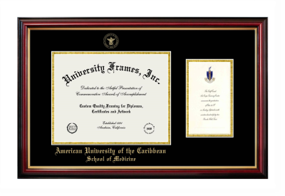 American University of the Caribbean School of Medicine Diploma with Announcement Frame in Petite Mahogany with Gold Trim with Black & Gold Mats for DOCUMENT: 8 1/2"H X 11"W  ,  7"H X 4"W  