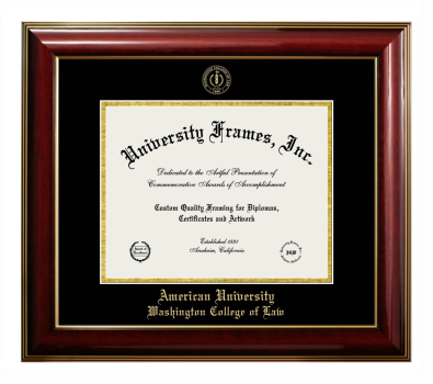 American University Washington College of Law Diploma Frame in Classic Mahogany with Gold Trim with Black & Gold Mats for DOCUMENT: 8 1/2"H X 11"W  