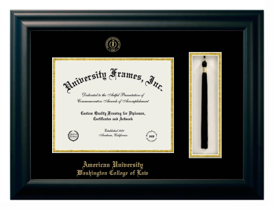 American University Washington College of Law Diploma with Tassel Box Frame in Satin Black with Black & Gold Mats for document: 8 1/2"h x 11"w  