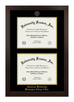 American University Washington College of Law Double Degree (Stacked) Frame in Manhattan Espresso with Black & Gold Mats for DOCUMENT: 8 1/2"H X 11"W  , DOCUMENT: 8 1/2"H X 11"W  