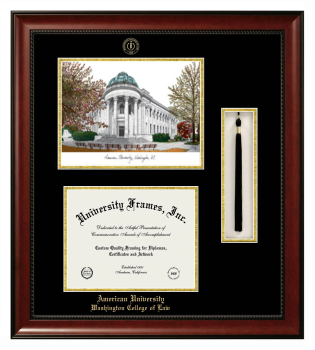 American University Washington College of Law Double Opening with Campus Image & Tassel Box (Stacked) Frame in Avalon Mahogany with Black & Gold Mats for DOCUMENT: 8 1/2"H X 11"W  