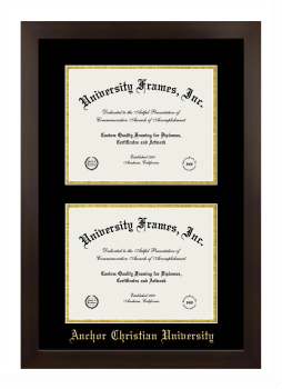 Anchor Christian University Double Degree (Stacked) Frame in Manhattan Espresso with Black & Gold Mats for document: 8 1/2"h x 11"w  , document: 8 1/2"h x 11"w  