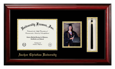 Anchor Christian University Diploma with 5 x 7 Portrait & Tassel Box Frame in Classic Mahogany with Black & Gold Mats for DOCUMENT: 8 1/2"H X 11"W  