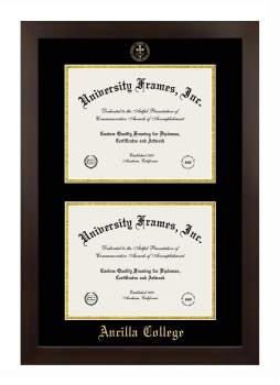 Ancilla College Double Degree (Stacked) Frame in Manhattan Espresso with Black & Gold Mats for DOCUMENT: 8 1/2"H X 11"W  , DOCUMENT: 8 1/2"H X 11"W  