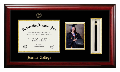 Ancilla College Diploma with 5 x 7 Portrait & Tassel Box Frame in Classic Mahogany with Black & Gold Mats for DOCUMENT: 8 1/2"H X 11"W  