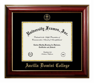 Ancilla Domini College Diploma Frame in Classic Mahogany with Gold Trim with Black & Gold Mats for DOCUMENT: 8 1/2"H X 11"W  