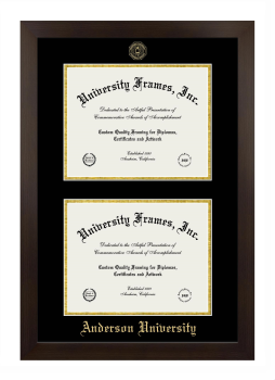 Anderson University (Indiana) Double Degree (Stacked) Frame in Manhattan Espresso with Black & Gold Mats for DOCUMENT: 8 1/2"H X 11"W  , DOCUMENT: 8 1/2"H X 11"W  