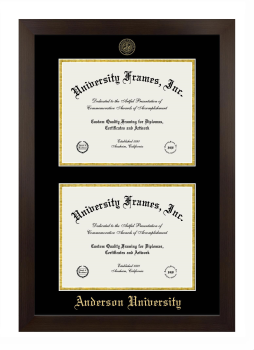 Anderson University (South Carolina) Double Degree (Stacked) Frame in Manhattan Espresso with Black & Gold Mats for document: 8 1/2"h x 11"w  , document: 8 1/2"h x 11"w  