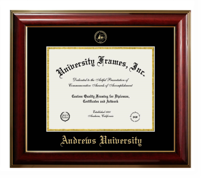 Andrews University Diploma Frame in Classic Mahogany with Gold Trim with Black & Gold Mats for document: 8 1/2"h x 11"w  