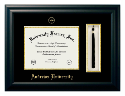 Andrews University Diploma with Tassel Box Frame in Satin Black with Black & Gold Mats for DOCUMENT: 8 1/2"H X 11"W  