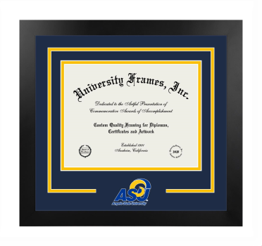 Angelo State University Logo Mat Frame in Manhattan Black with Navy Blue & Amber Mats for DOCUMENT: 8 1/2"H X 11"W  