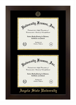 Angelo State University Double Degree (Stacked) Frame in Manhattan Espresso with Black & Gold Mats for DOCUMENT: 8 1/2"H X 11"W  , DOCUMENT: 8 1/2"H X 11"W  