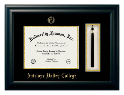Antelope Valley College Diploma with Tassel Box Frame in Satin Black with Black & Gold Mats for DOCUMENT: 8 1/2"H X 11"W  
