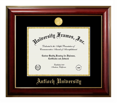 Antioch University Diploma Frame in Classic Mahogany with Gold Trim with Black & Gold Mats for DOCUMENT: 8 1/2"H X 11"W  