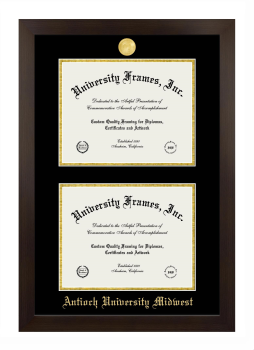 Antioch University Midwest Double Degree (Stacked) Frame in Manhattan Espresso with Black & Gold Mats for DOCUMENT: 8 1/2"H X 11"W  , DOCUMENT: 8 1/2"H X 11"W  