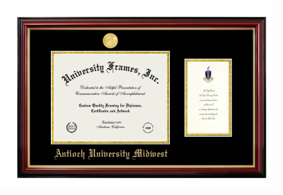 Antioch University Midwest Diploma with Announcement Frame in Petite Mahogany with Gold Trim with Black & Gold Mats for DOCUMENT: 8 1/2"H X 11"W  ,  7"H X 4"W  