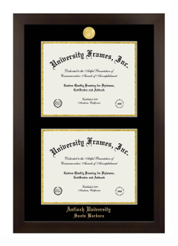 Antioch University Santa Barbara Double Degree (Stacked) Frame in Manhattan Espresso with Black & Gold Mats for DOCUMENT: 8 1/2"H X 11"W  , DOCUMENT: 8 1/2"H X 11"W  