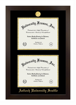 Antioch University Seattle Double Degree (Stacked) Frame in Manhattan Espresso with Black & Gold Mats for DOCUMENT: 8 1/2"H X 11"W  , DOCUMENT: 8 1/2"H X 11"W  