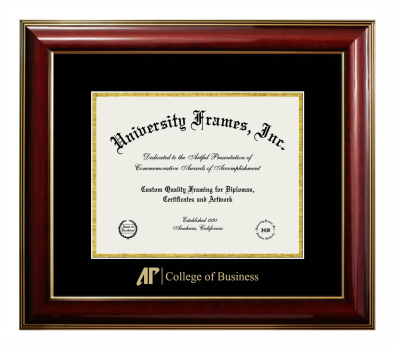 AP College of Business Diploma Frame in Classic Mahogany with Gold Trim with Black & Gold Mats for DOCUMENT: 8 1/2"H X 11"W  