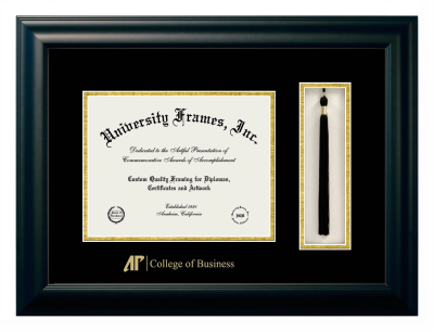 AP College of Business Diploma with Tassel Box Frame in Satin Black with Black & Gold Mats for DOCUMENT: 8 1/2"H X 11"W  