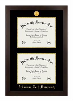 Arkansas Tech University Double Degree (Stacked) Frame in Manhattan Espresso with Black & Gold Mats for DOCUMENT: 8 1/2"H X 11"W  , DOCUMENT: 8 1/2"H X 11"W  