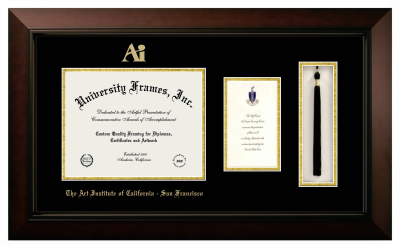 Art Institute of California-San Francisco Diploma with Announcement & Tassel Box Frame in Legacy Black Cherry with Black & Gold Mats for DOCUMENT: 8 1/2"H X 11"W  ,  7"H X 4"W  