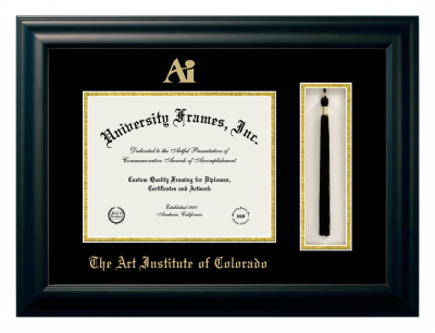 Art Institute of Colorado Diploma with Tassel Box Frame in Satin Black with Black & Gold Mats for DOCUMENT: 8 1/2"H X 11"W  