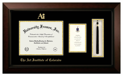 Art Institute of Colorado Diploma with Announcement & Tassel Box Frame in Legacy Black Cherry with Black & Gold Mats for DOCUMENT: 8 1/2"H X 11"W  ,  7"H X 4"W  