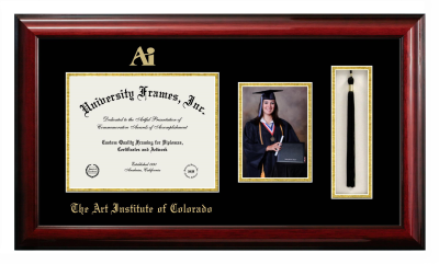 Art Institute of Colorado Diploma with 5 x 7 Portrait & Tassel Box Frame in Classic Mahogany with Black & Gold Mats for DOCUMENT: 8 1/2"H X 11"W  