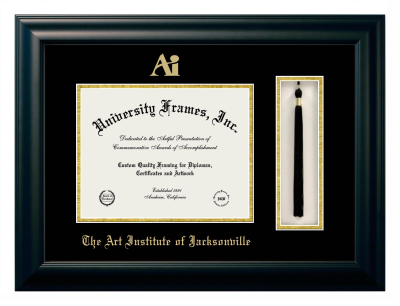Art Institute of Jacksonville Diploma with Tassel Box Frame in Satin Black with Black & Gold Mats for DOCUMENT: 8 1/2"H X 11"W  
