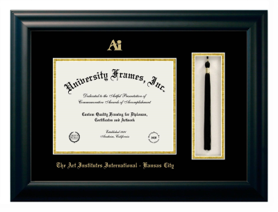 Art Institutes International Kansas City Diploma with Tassel Box Frame in Satin Black with Black & Gold Mats for DOCUMENT: 8 1/2"H X 11"W  