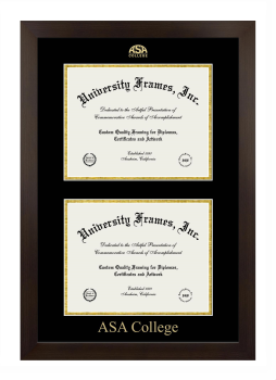 ASA College Double Degree (Stacked) Frame in Manhattan Espresso with Black & Gold Mats for DOCUMENT: 8 1/2"H X 11"W  , DOCUMENT: 8 1/2"H X 11"W  