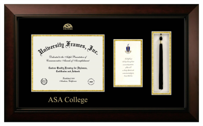 ASA College Diploma with Announcement & Tassel Box Frame in Legacy Black Cherry with Black & Gold Mats for DOCUMENT: 8 1/2"H X 11"W  ,  7"H X 4"W  
