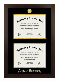 Ashford University Double Degree (Stacked) Frame in Manhattan Espresso with Black & Gold Mats for DOCUMENT: 8 1/2"H X 11"W  , DOCUMENT: 8 1/2"H X 11"W  