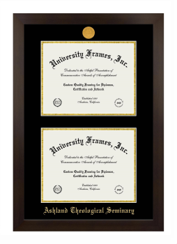 Ashland Theological Seminary Double Degree (Stacked) Frame in Manhattan Espresso with Black & Gold Mats for DOCUMENT: 8 1/2"H X 11"W  , DOCUMENT: 8 1/2"H X 11"W  