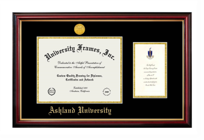 Ashland University Diploma with Announcement Frame in Petite Mahogany with Gold Trim with Black & Gold Mats for DOCUMENT: 8 1/2"H X 11"W  ,  7"H X 4"W  