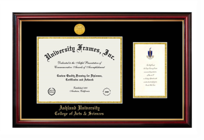 Ashland University College of Arts & Sciences Diploma with Announcement Frame in Petite Mahogany with Gold Trim with Black & Gold Mats for DOCUMENT: 8 1/2"H X 11"W  ,  7"H X 4"W  