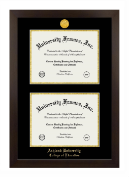 Ashland University College of Education Double Degree (Stacked) Frame in Manhattan Espresso with Black & Gold Mats for document: 8 1/2"h x 11"w  , document: 8 1/2"h x 11"w  