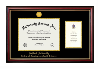 Ashland University College of Nursing and Health Sciences Diploma with Announcement Frame in Petite Mahogany with Gold Trim with Black & Gold Mats for DOCUMENT: 8 1/2"H X 11"W  ,  7"H X 4"W  