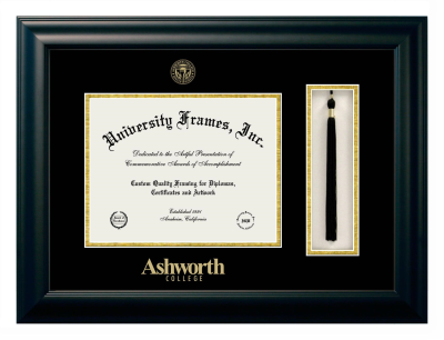 Ashworth College Diploma with Tassel Box Frame in Satin Black with Black & Gold Mats for DOCUMENT: 8 1/2"H X 11"W  