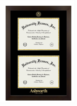 Ashworth College Double Degree (Stacked) Frame in Manhattan Espresso with Black & Gold Mats for DOCUMENT: 8 1/2"H X 11"W  , DOCUMENT: 8 1/2"H X 11"W  