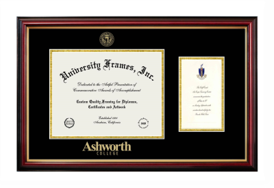 Ashworth College Diploma with Announcement Frame in Petite Mahogany with Gold Trim with Black & Gold Mats for DOCUMENT: 8 1/2"H X 11"W  ,  7"H X 4"W  
