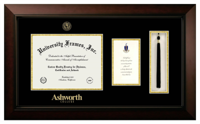 Ashworth College Diploma with Announcement & Tassel Box Frame in Legacy Black Cherry with Black & Gold Mats for DOCUMENT: 8 1/2"H X 11"W  ,  7"H X 4"W  