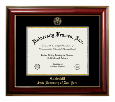 Cobleskill State University of New York Diploma Frame in Classic Mahogany with Gold Trim with Black & Gold Mats for DOCUMENT: 8 1/2"H X 11"W  
