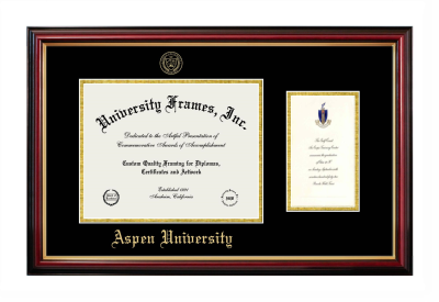 Aspen University Diploma with Announcement Frame in Petite Mahogany with Gold Trim with Black & Gold Mats for DOCUMENT: 8 1/2"H X 11"W  ,  7"H X 4"W  