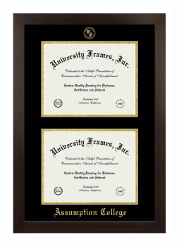 Assumption College Double Degree (Stacked) Frame in Manhattan Espresso with Black & Gold Mats for DOCUMENT: 8 1/2"H X 11"W  , DOCUMENT: 8 1/2"H X 11"W  