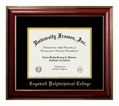 Cogswell Polytechnical College Diploma Frame in Classic Mahogany with Gold Trim with Black & Gold Mats for DOCUMENT: 8 1/2"H X 11"W  
