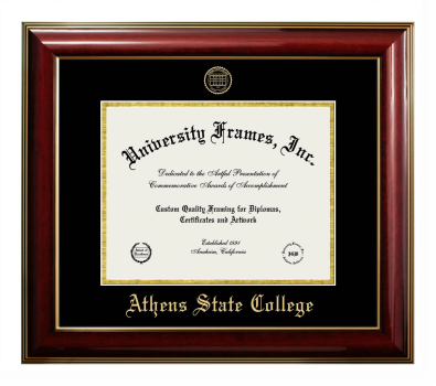 Athens State College Diploma Frame in Classic Mahogany with Gold Trim with Black & Gold Mats for DOCUMENT: 8 1/2"H X 11"W  