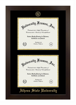 Athens State University Double Degree (Stacked) Frame in Manhattan Espresso with Black & Gold Mats for DOCUMENT: 8 1/2"H X 11"W  , DOCUMENT: 8 1/2"H X 11"W  